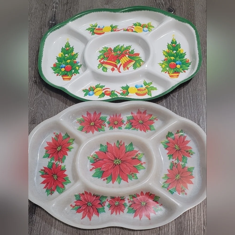 Vintage 1970's Plastic Christmas Divided Serving Trays Set Of 2